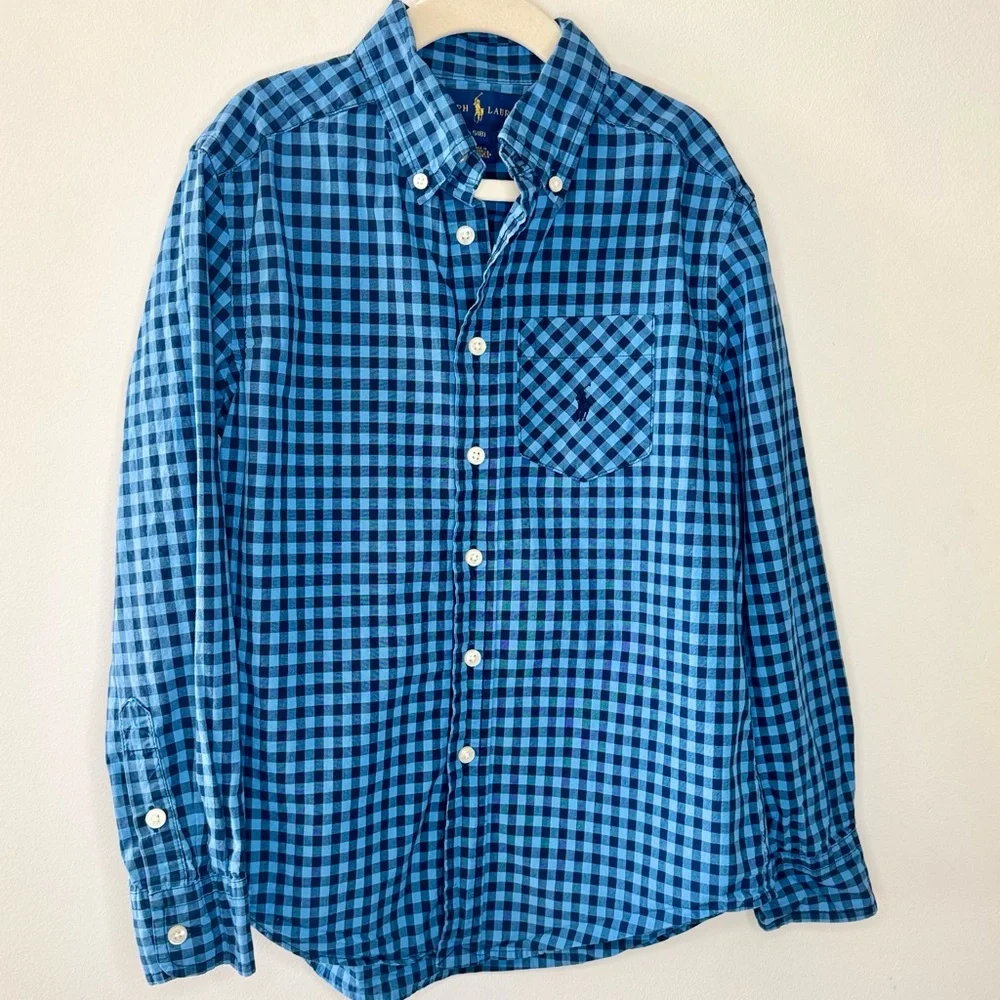 POLO Ralph Lauren Boys Blue Checked Long Sleeve Button Up Shirt Small 8 Preppy